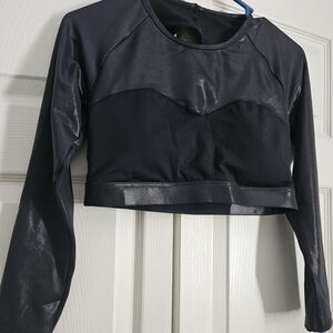 Womens Fabletics Black Shimmer Long Sleeve Crop Top And High Waisted Legging Set